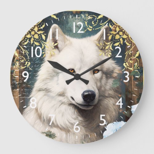 White Wolf and Floral Damask Large Clock