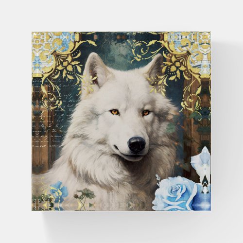 White Wolf and Floral Damask Paperweight