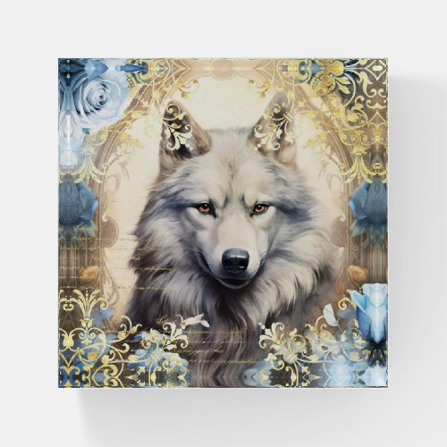 White Wolf and Floral Damask Paperweight