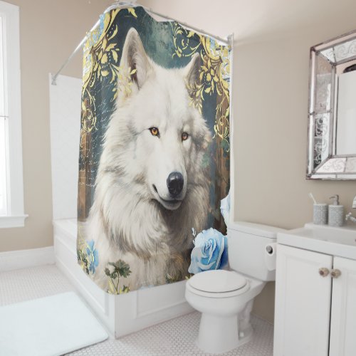 White Wolf and Floral Damask Shower Curtain