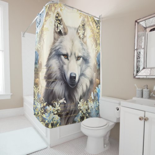 White Wolf and Floral Damask Shower Curtain