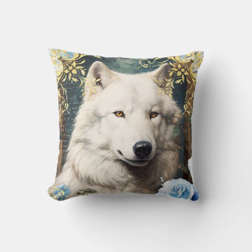 White Wolf and Floral Damask Throw Pillow