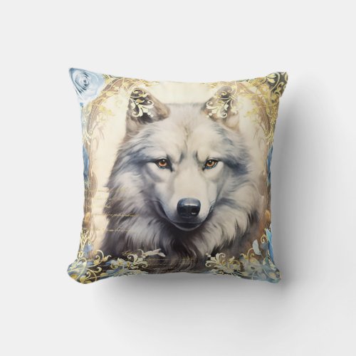 White Wolf and Floral Damask Throw Pillow