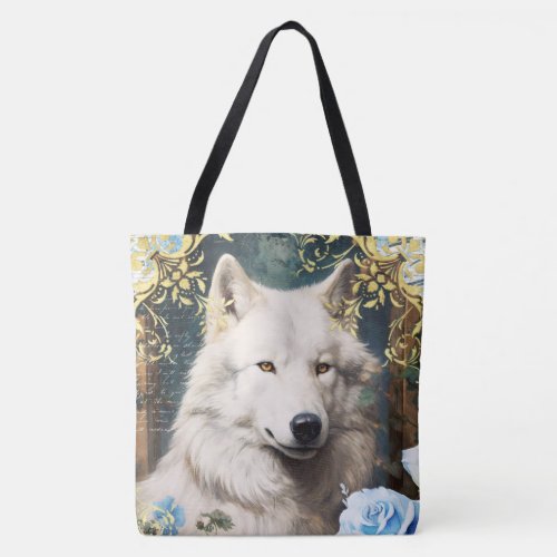 White Wolf and Floral Damask Tote Bag