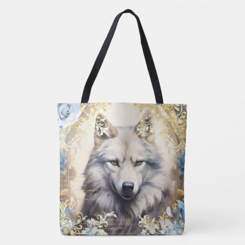 White Wolf and Floral Damask Tote Bag