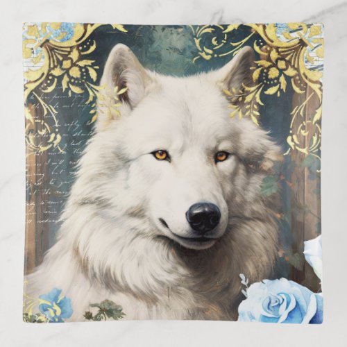 White Wolf and Floral Damask Trinket Tray