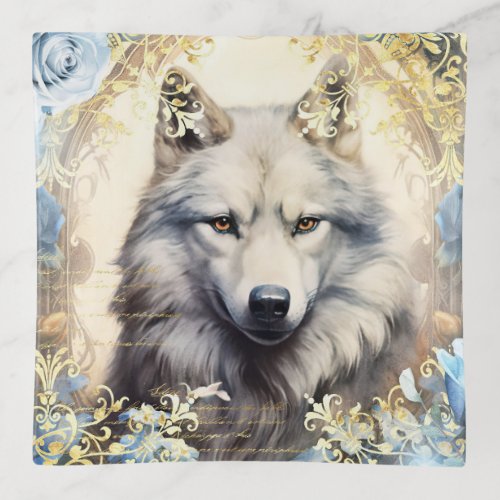 White Wolf and Floral Damask Trinket Tray