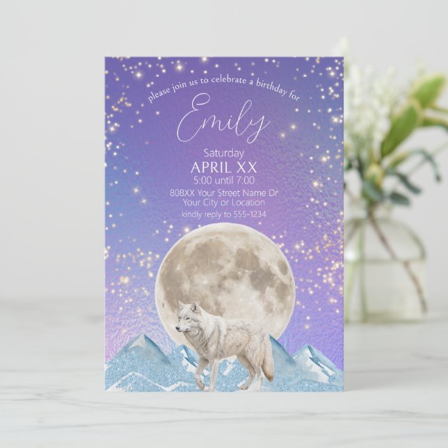 White Wolf and Moon Northern Lights Invitation (Standing Front)