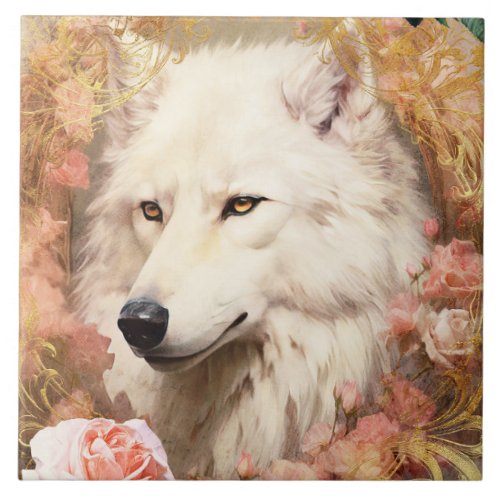 White Wolf and Pink Flowers Ceramic Tile