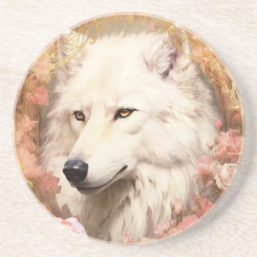 White Wolf and Pink Flowers Coaster