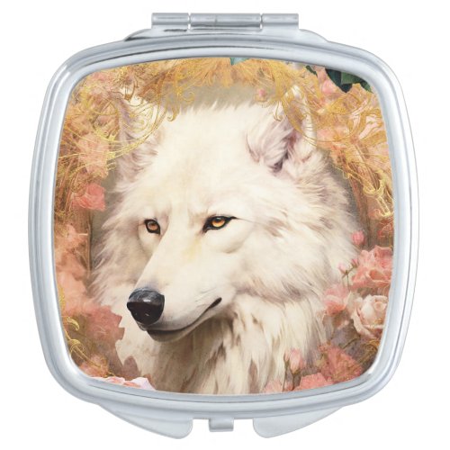 White Wolf and Pink Flowers Compact Mirror