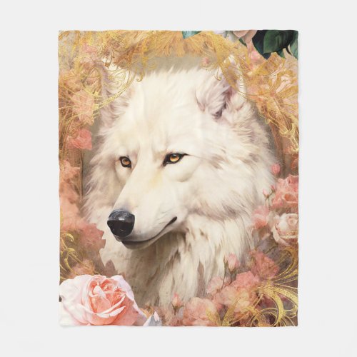 White Wolf and Pink Flowers Fleece Blanket