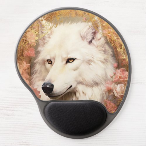 White Wolf and Pink Flowers Gel Mouse Pad