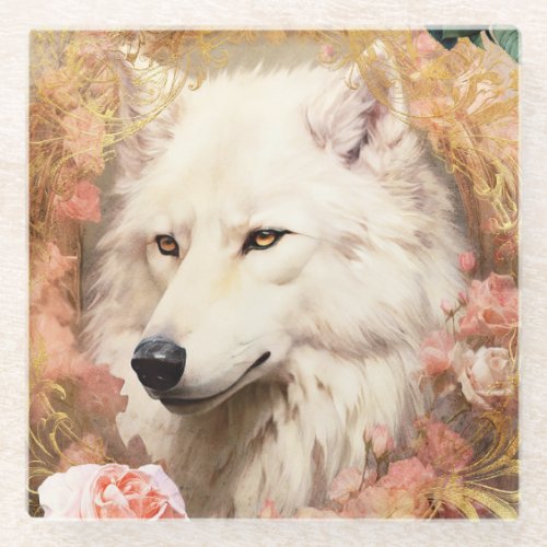 White Wolf and Pink Flowers Glass Coaster