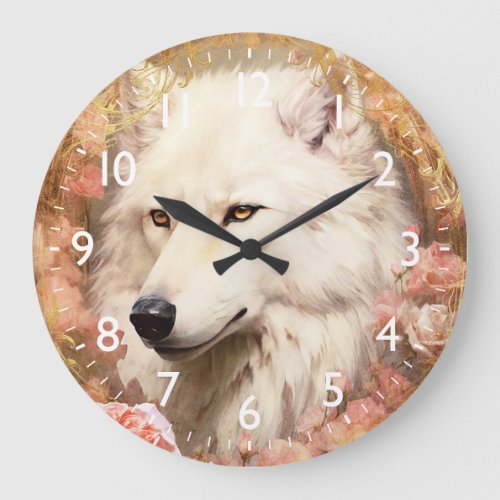 White Wolf and Pink Flowers Large Clock