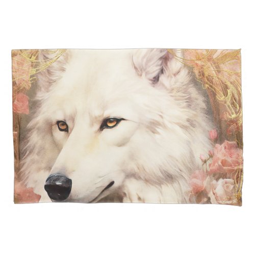 White Wolf and Pink Flowers Pillow Case