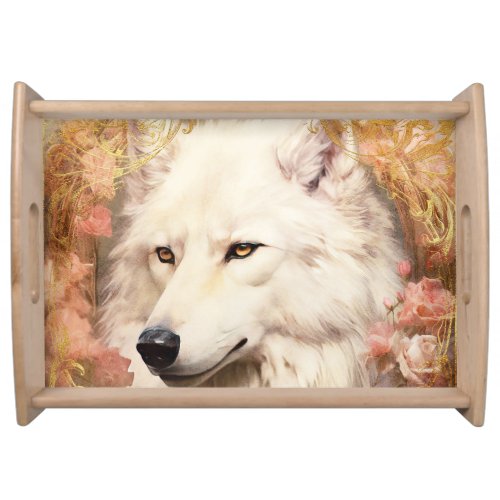 White Wolf and Pink Flowers Serving Tray