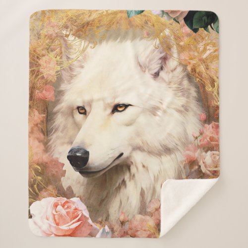 White Wolf and Pink Flowers Sherpa Blanket