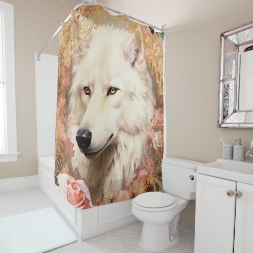 White Wolf and Pink Flowers Shower Curtain