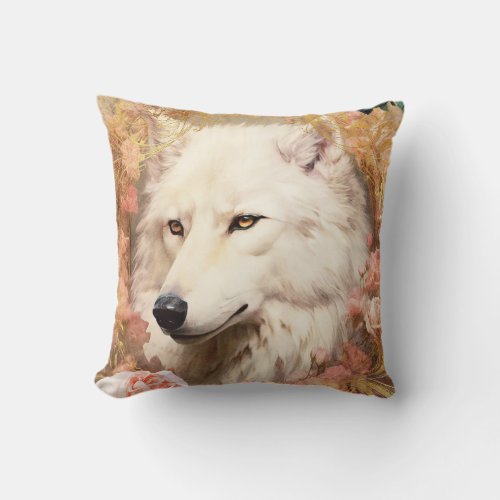 White Wolf and Pink Flowers Throw Pillow