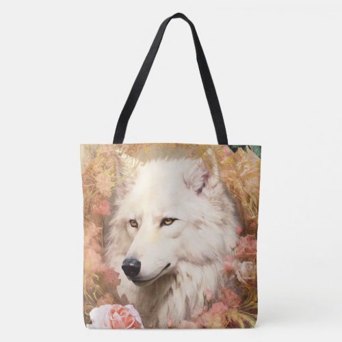 White Wolf and Pink Flowers Tote Bag