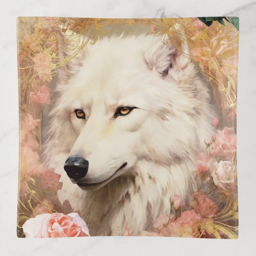 White Wolf and Pink Flowers Trinket Tray
