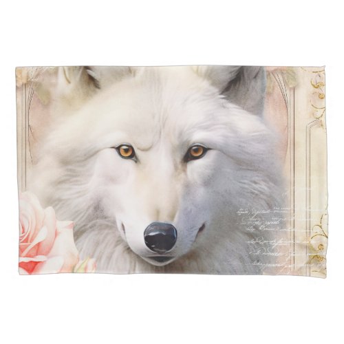 White Wolf and Pink Rose Pillow Case