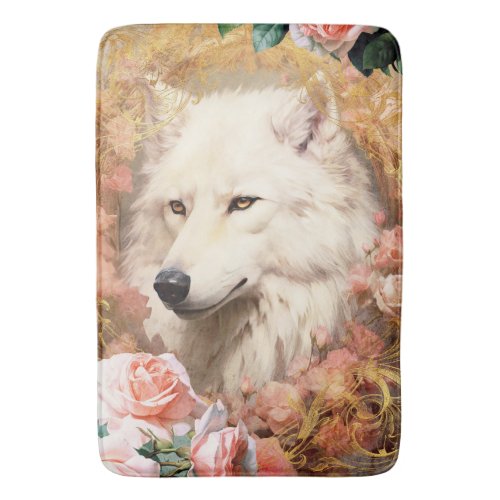 White Wolf and Pink Roses Bath Mat