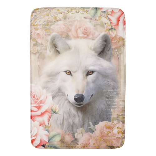 White Wolf and Pink Roses Bath Mat