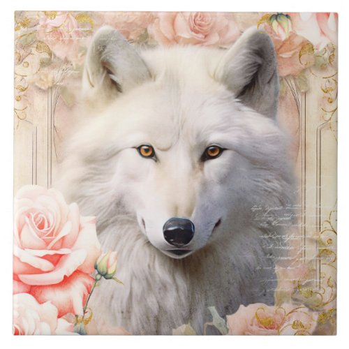 White Wolf and Pink Roses Ceramic Tile