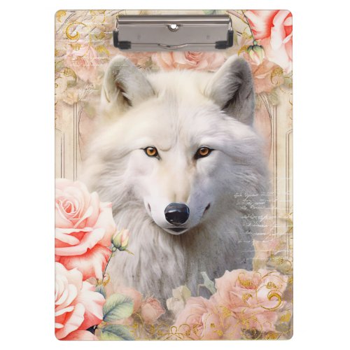 White Wolf and Pink Roses Clipboard