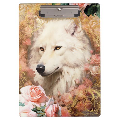 White Wolf and Pink Roses Clipboard