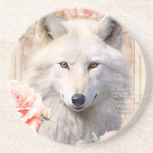 White Wolf and Pink Roses Coaster