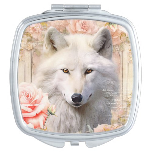 White Wolf and Pink Roses Compact Mirror