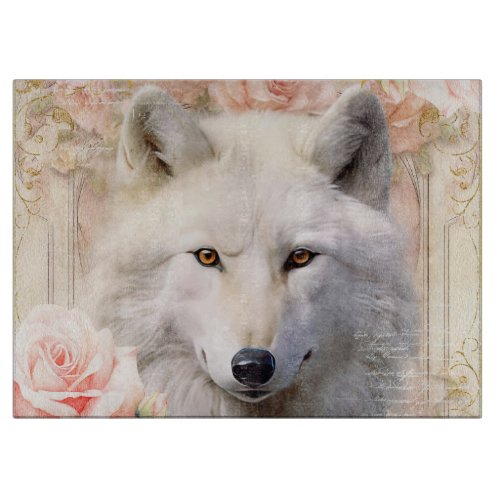 White Wolf and Pink Roses Cutting Board