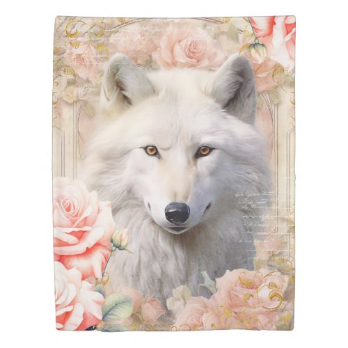 White Wolf and Pink Roses Duvet Cover