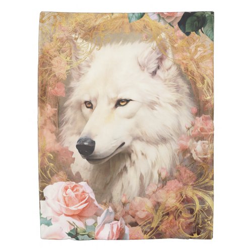 White Wolf and Pink Roses Duvet Cover