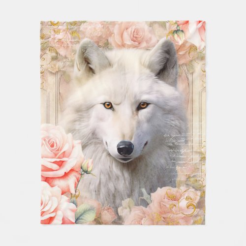 White Wolf and Pink Roses Fleece Blanket