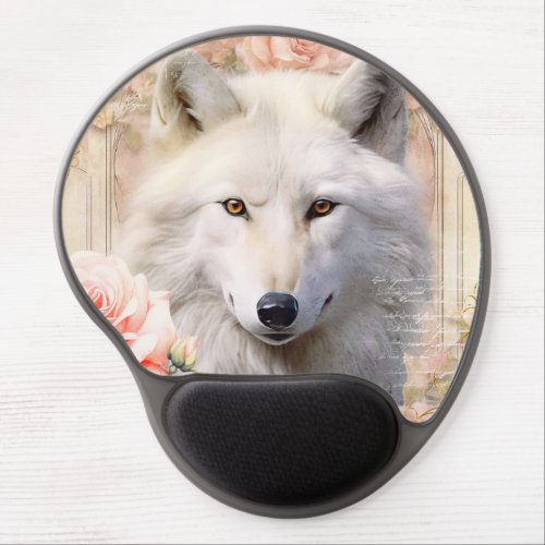 White Wolf and Pink Roses Gel Mouse Pad