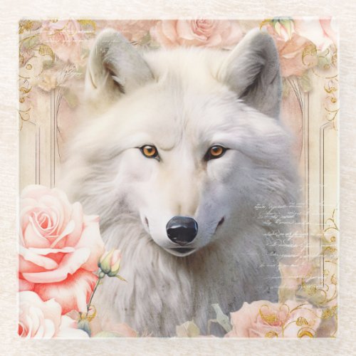 White Wolf and Pink Roses Glass Coaster