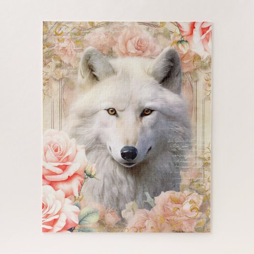 White Wolf and Pink Roses Jigsaw Puzzle