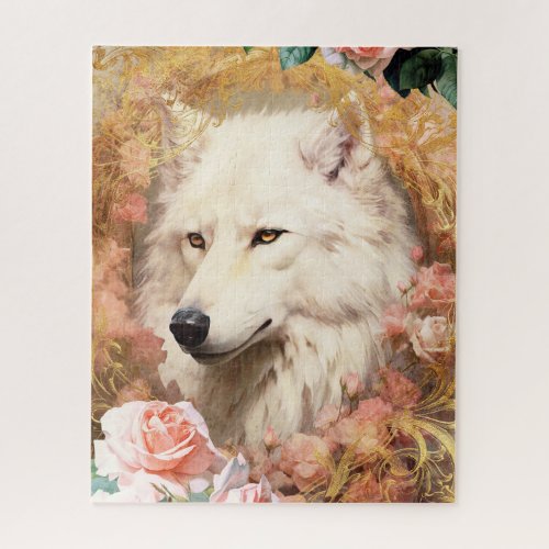 White Wolf and Pink Roses Jigsaw Puzzle