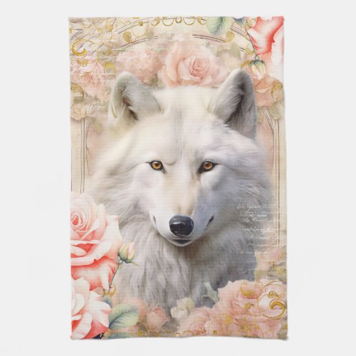 White Wolf and Pink Roses Kitchen Towel