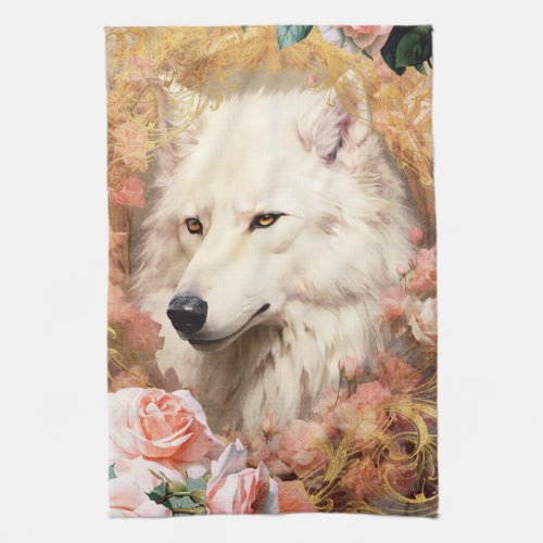 White Wolf and Pink Roses Kitchen Towel