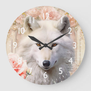 White Wolf and Pink Roses Large Clock