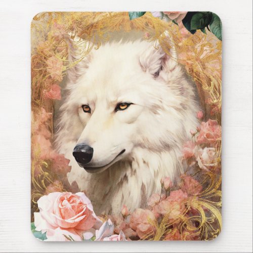 White Wolf and Pink Roses Mouse Pad