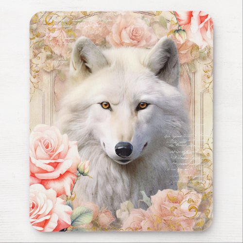 White Wolf and Pink Roses Mouse Pad