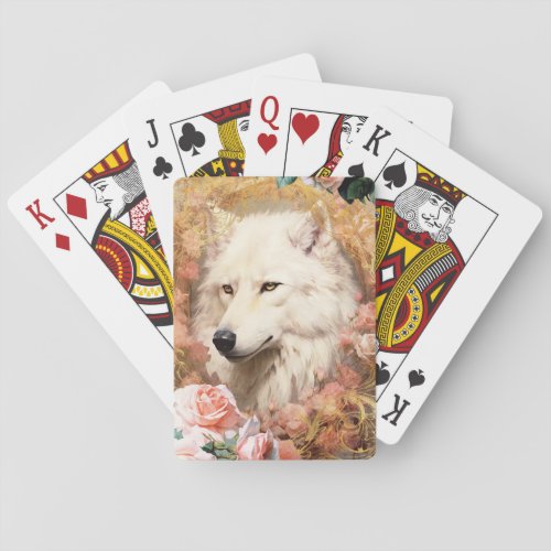 White Wolf and Pink Roses Poker Cards