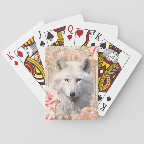 White Wolf and Pink Roses Poker Cards