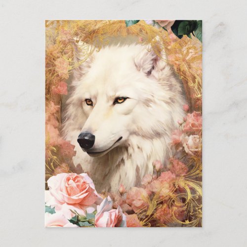 White Wolf and Pink Roses Postcard